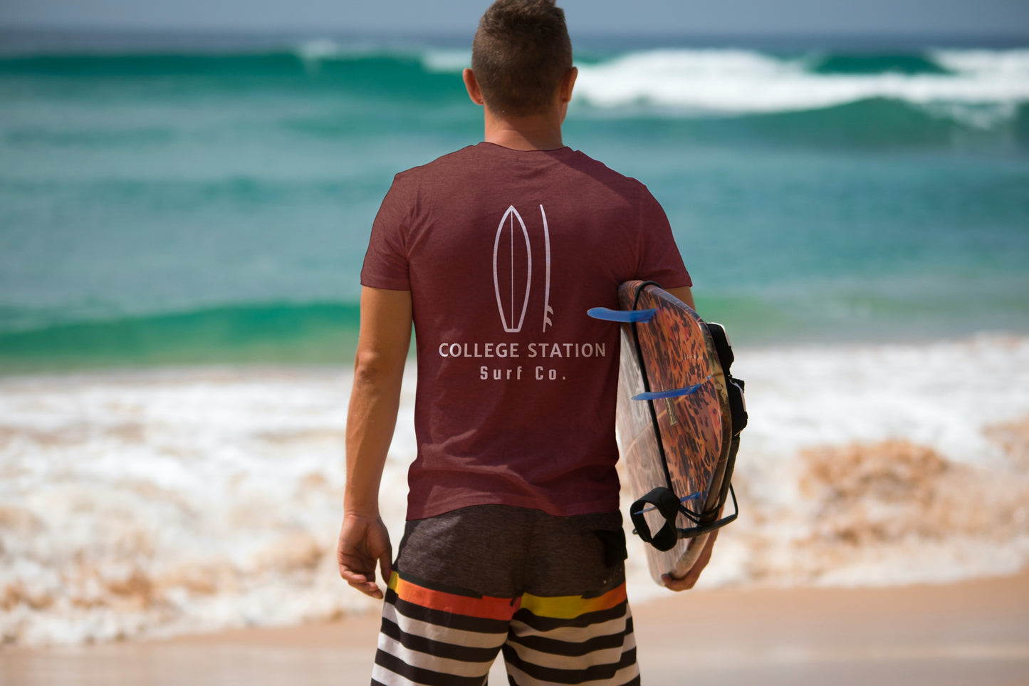 College Station Surf Co. Maroon Surfboard Shirt